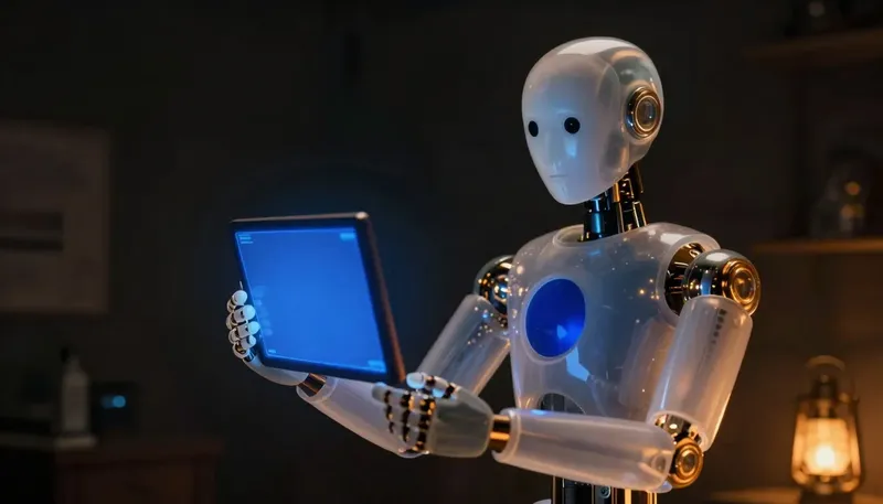 A faceless glass automaton holds two glowing cobalt screens in sync beside a flickering amber lantern.