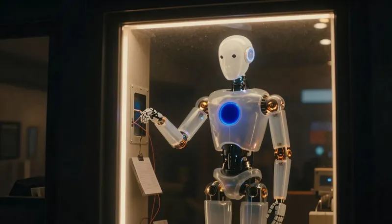 A faceless glass automaton reaches through a hidden hatch behind a polished cobalt storefront panel lit by amber shop lights.