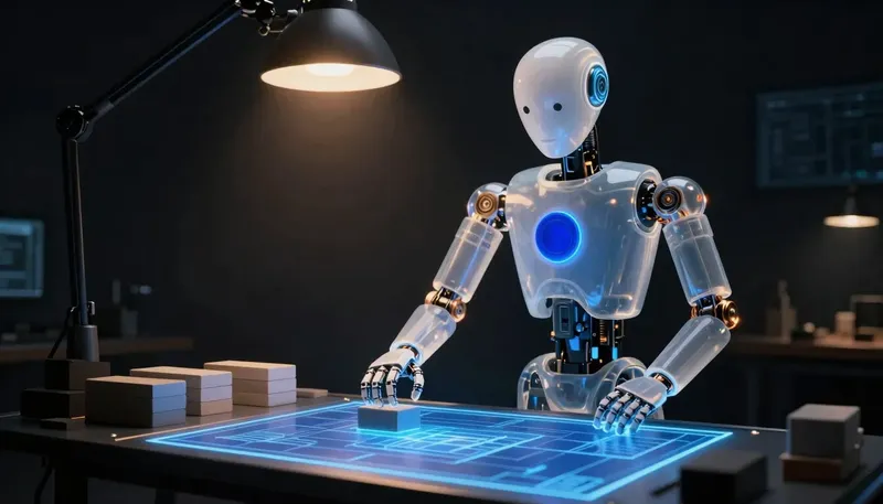 A faceless glass automaton places a foundation block on a glowing cobalt blueprint table under an amber drafting lamp.