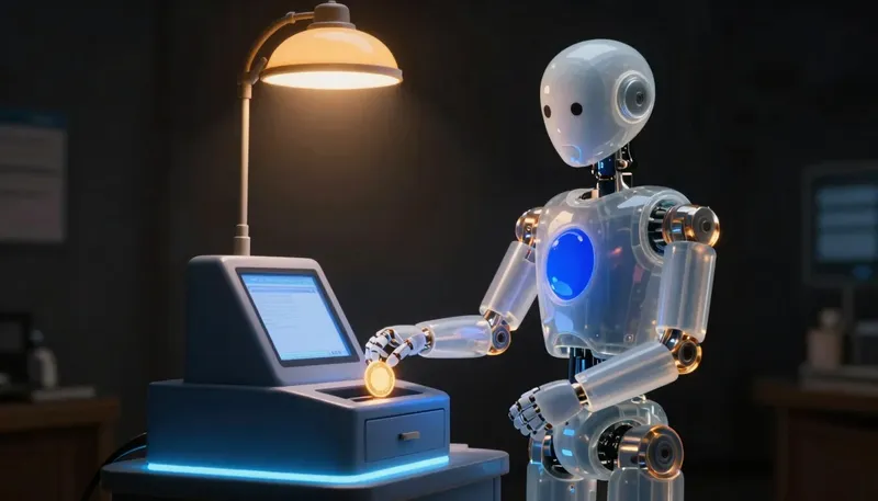 A faceless glass automaton routes a glowing token past a cobalt checkout counter into a ledger drawer under an amber lamp.