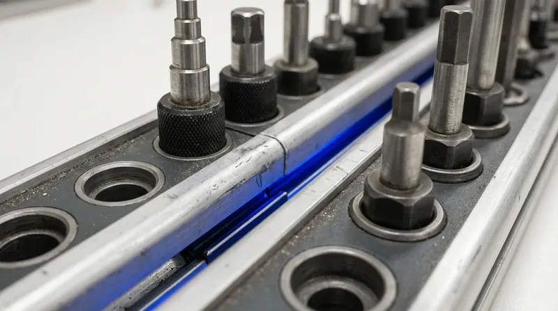 A workshop bench where two matching tool rails meet end to end, one rail's tools seated in the other's empty stations, blue light along the join.
