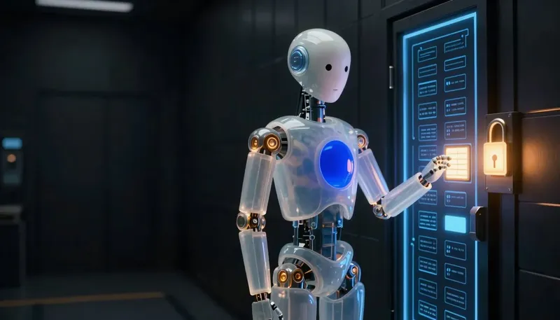 A faceless glass automaton sets a rule tile into a glowing cobalt gate on a database wall lit by an amber lamp.