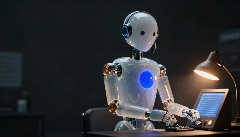 A faceless glass automaton in a dispatcher's headset plugs a sender tag into a glowing cobalt switchboard.
