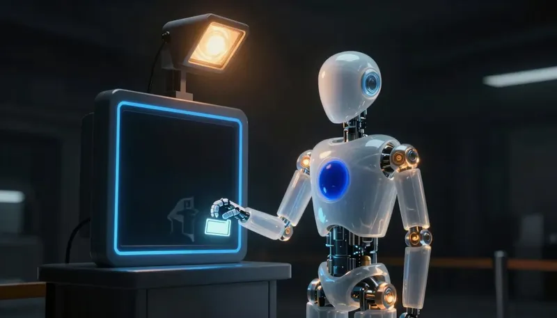 A faceless glass automaton stamps a shape at a glowing cobalt boundary gate under an amber inspection lamp.