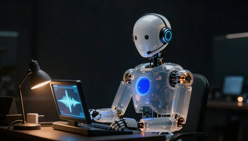 A faceless glass automaton in a headset adjusts a glowing cobalt waveform panel at an amber-lit desk.
