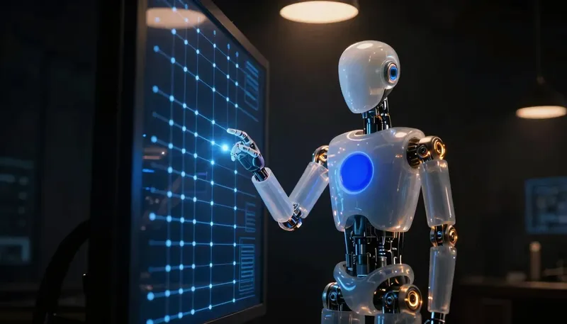 A faceless glass automaton touches a glowing dot on a cobalt reactive panel, sending a ripple across linked dots.