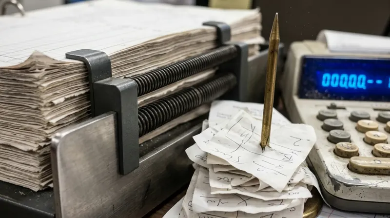 A bookkeeping desk with a receipt spike and ledger sheets clamped in a frame, blue-lit calculator display.