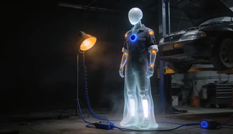 A ghost-glass automaton wearing dark mechanic's coveralls with the sleeves rolled, standing beside a car raised on a lift in a dark workshop, warm amber work lamps, one cobalt-blue diagnostic cable glowing.