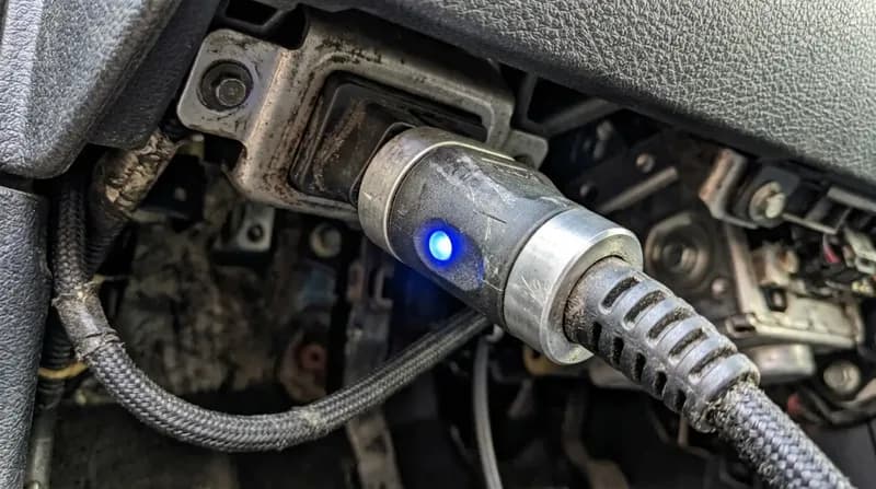 A vehicle diagnostic connector plugged into the OBD port beneath a car dashboard, cable running out of frame, a blue indicator alive on the connector.