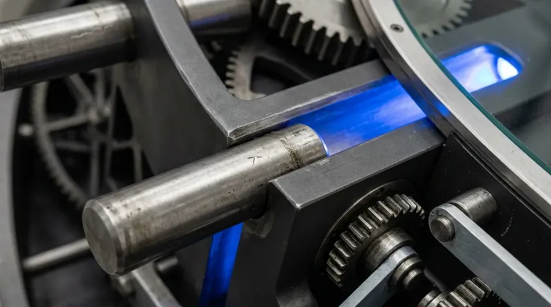 The internal locking mechanism of a bank vault door, machined bolts and gearing, one bolt channel lit blue.