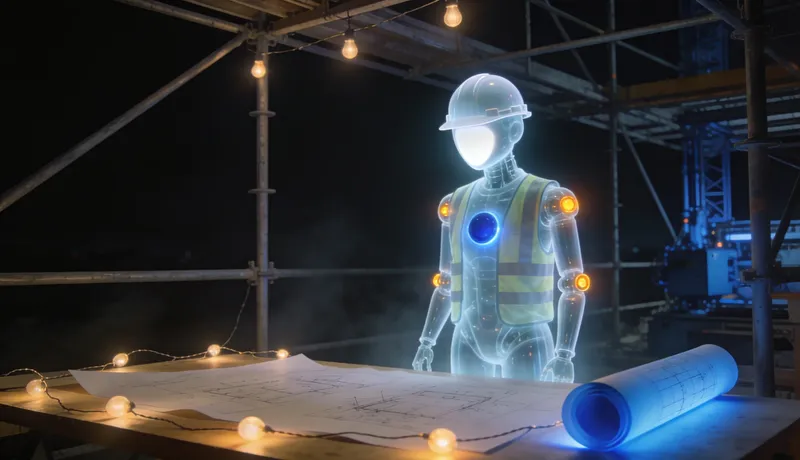 A ghost-glass automaton wearing a hard hat and hi-vis vest, standing at a plan table under scaffolding at night, blank drawings spread out, string work lights in warm amber, one rolled plan glowing cobalt-blue.