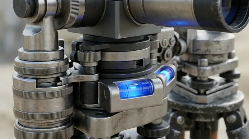 A surveyor's theodolite head on its tripod, machined adjustment drums, blue level indicator glowing.