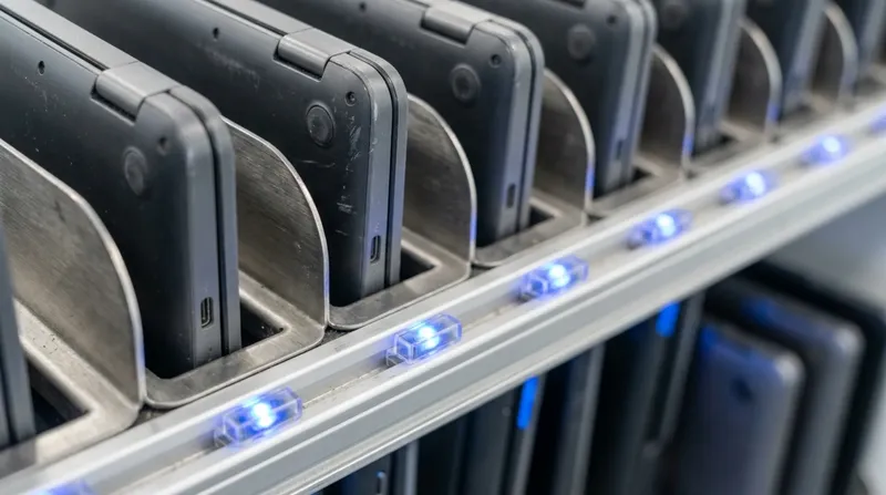 A school laptop charging trolley, devices docked in slots seen end-on, blue charge lights along the rail.