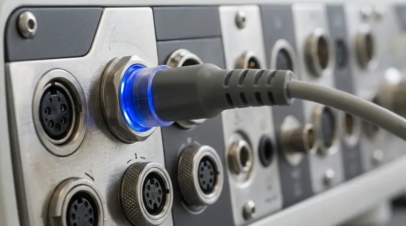 A hospital bedside monitor's connector panel, lead sockets in a machined bezel, one lead seated and glowing blue.