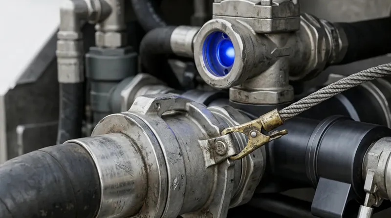 A fuel tanker delivery coupling locked onto a tank inlet, grounding clip attached, blue indicator on the meter head.