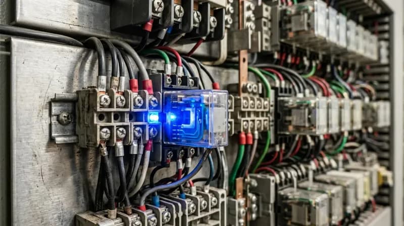 An electrical substation relay panel, rows of terminal blocks and busbars, one circuit lit blue.
