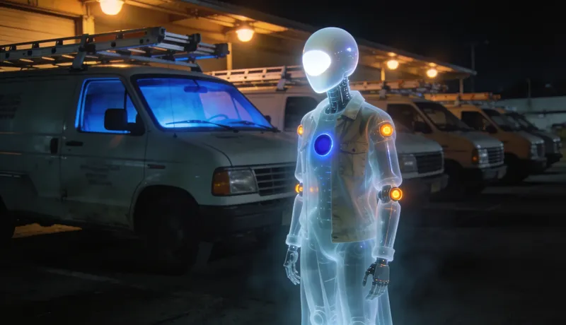 A ghost-glass automaton wearing a canvas work jacket, standing at night beside a row of service vans with ladder racks under warm amber depot lights, one van's windshield glowing cobalt-blue.
