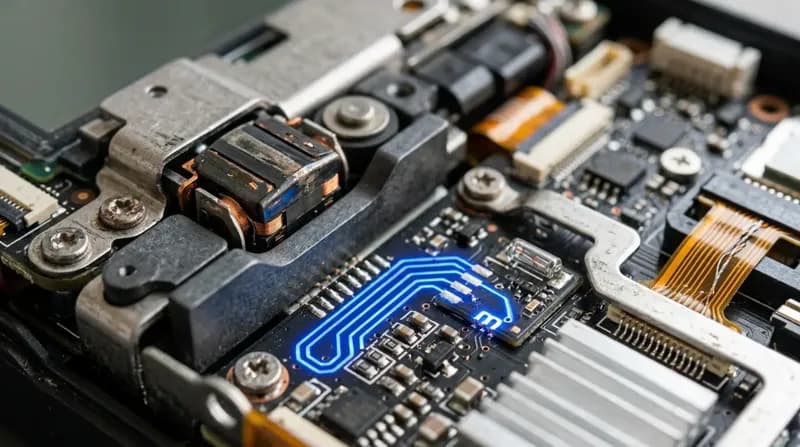 A payment terminal opened to its card reader head and secure element board, blue trace glowing.