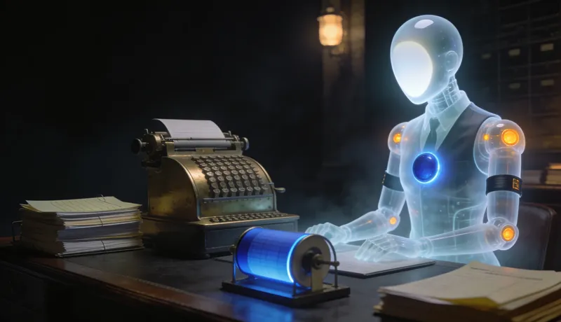 A ghost-glass automaton wearing a banker's waistcoat with sleeve garters, at a partners' desk at night with a brass adding machine, ledger stacks and a document carousel, one ledger spine glowing cobalt-blue.