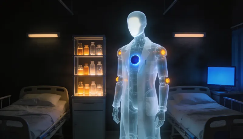 A ghost-glass automaton wearing a white doctor's coat, standing in a hospital ward at night between beds with white linens, a shelf of glass vials glowing warm amber, one cobalt-blue monitor screen shape by a bed.