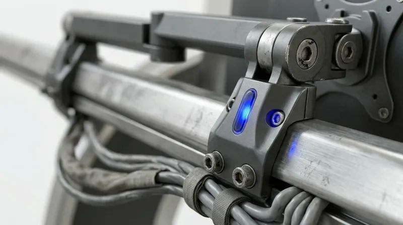 A hospital equipment rail carrying a monitor arm and cable management, blue status light on the module.