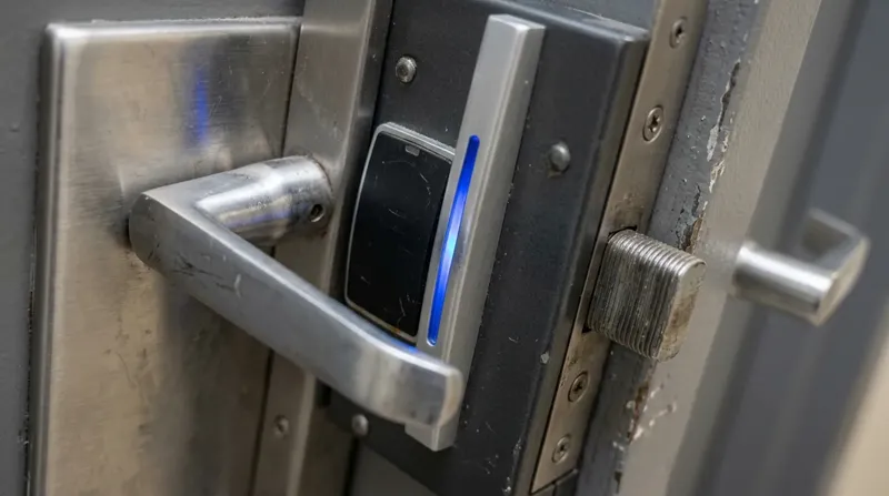 A hospital records room door with a card-reader lock plate, machined handle, blue access light.