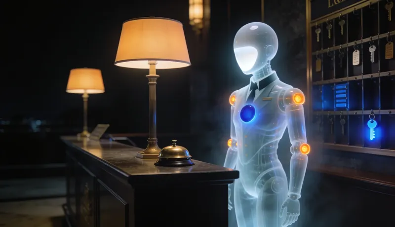A ghost-glass automaton wearing a concierge's tailcoat, standing at a hotel front desk at night with a brass service bell and a wall of room keys, warm amber lobby lamps, one key glowing cobalt-blue.