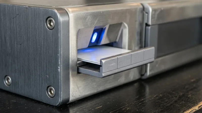 A hotel front-desk key encoder with a keycard seated in its slot, blue encode light on.