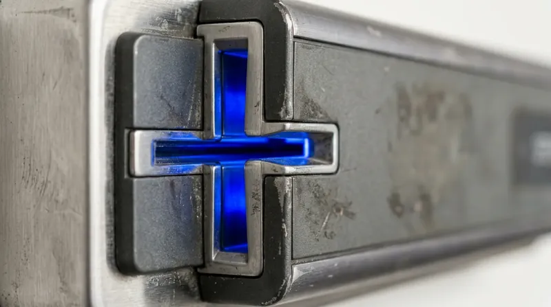 A workplace time clock terminal on its wall bracket, badge reader face, blue scan light.
