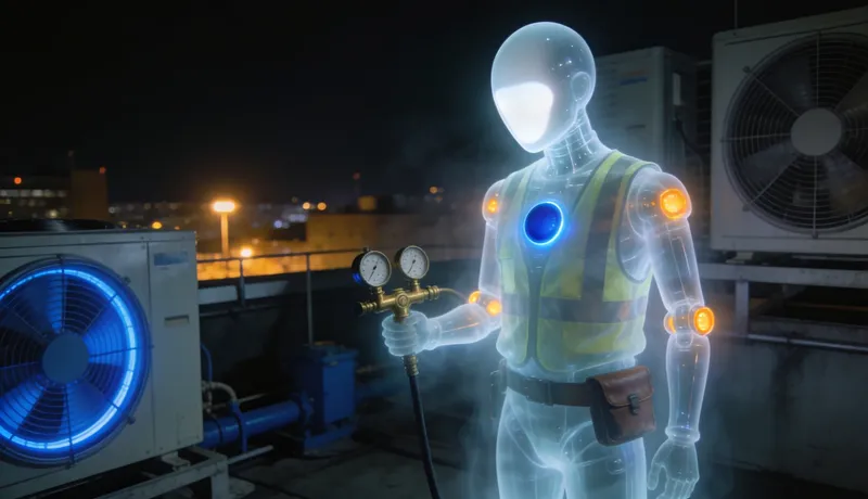 A ghost-glass automaton wearing a hi-vis vest and a leather tool belt, on a rooftop at night among rooftop HVAC units, holding a brass gauge manifold, city lights in warm amber, one unit's fan ring glowing cobalt-blue.