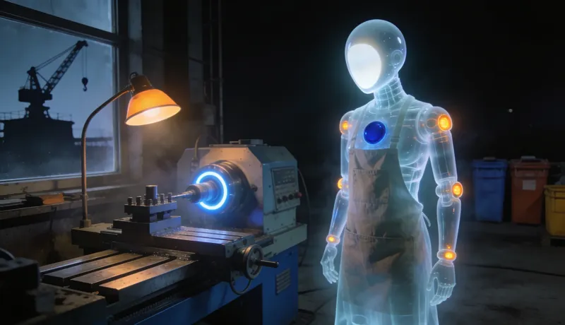 A ghost-glass automaton wearing a heavy canvas shop apron, standing on a shop floor at night beside a CNC mill, warm amber machine lamps, a crane and containers silhouetted through the window, one machine spindle ring glowing cobalt-blue.