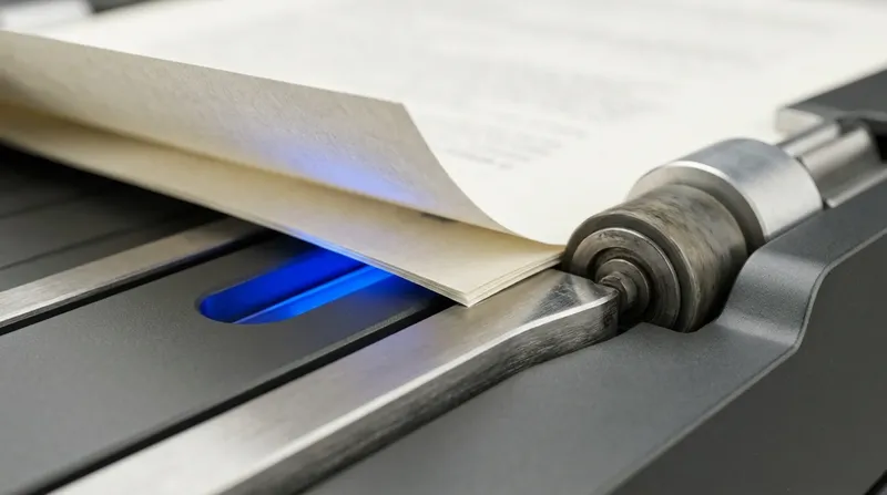 A stack of policy documents in a machined document feeder, the top sheet lifting, blue guide light beneath.