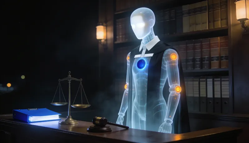 A ghost-glass automaton wearing a barrister's black robe with crisp white collar bands, standing at a judge's bench at night with brass scales and a gavel, a wall of case files behind it, one cobalt-blue document folder glowing on the bench.