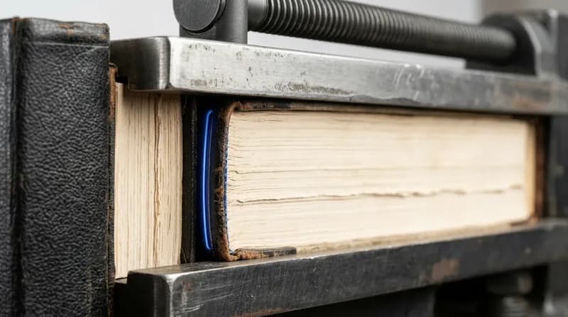 Law reports clamped in a bookbinder's press, spines and page edges filling the frame, one volume edge lit blue.