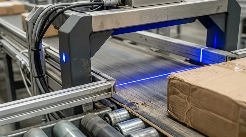 A warehouse conveyor of parcels passing beneath a barcode scanner arch, blue scan plane cutting across.