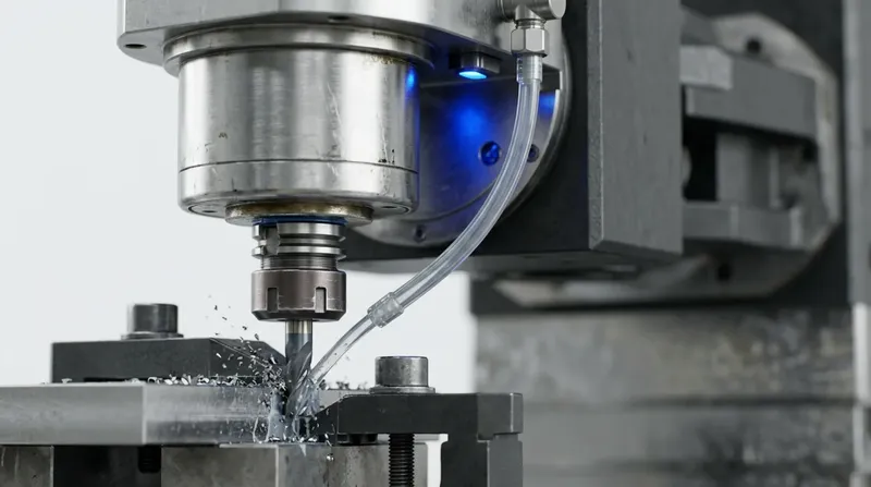 A CNC spindle mid-cut over a clamped workpiece, coolant line running in, blue position light.