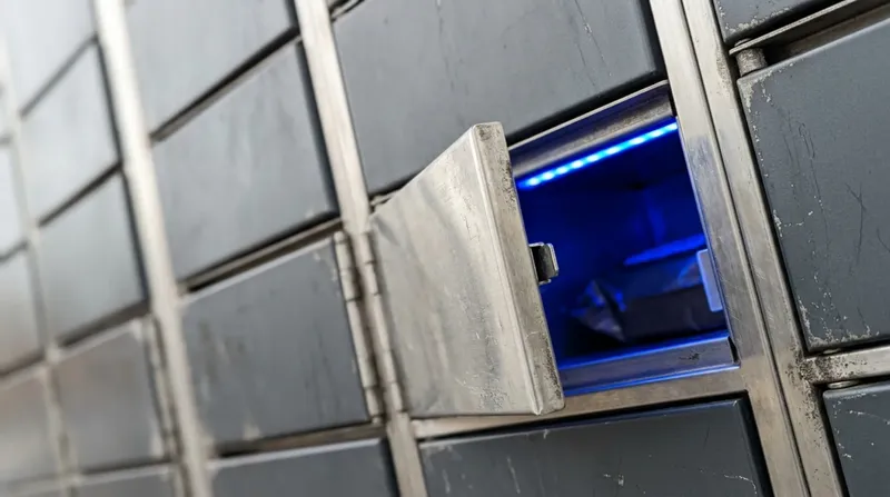 A parcel locker bank of numbered compartment doors, one open with a blue-lit interior.