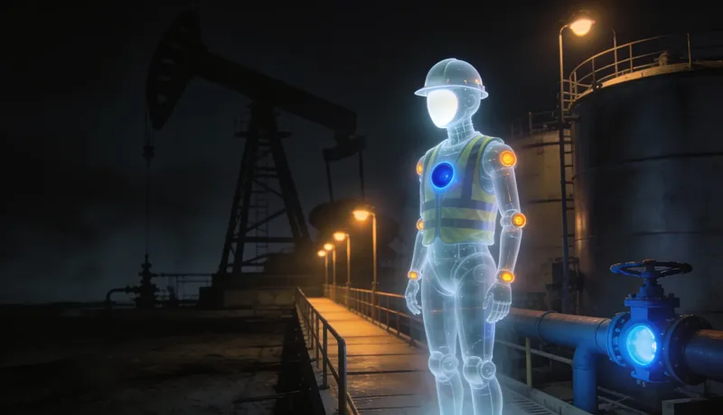 A ghost-glass automaton wearing a hard hat and hi-vis vest, standing at a tank battery at night with a derrick silhouette behind, walkway lamps in warm amber, one pipe valve glowing cobalt-blue.