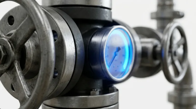 A wellhead valve assembly, heavy flanges and hand-wheel, blue-lit pressure gauge face.