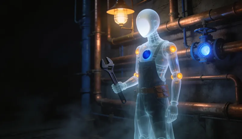 A ghost-glass automaton wearing dark work overalls and a leather tool belt, standing before a wall of copper pipes at night with a pipe wrench, warm amber work lamps, one valve glowing cobalt-blue.