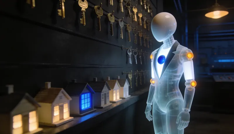 A ghost-glass automaton wearing a tailored dark blazer, standing at a wall of brass key tags beside a row of small lit model houses, one house window glowing cobalt-blue.