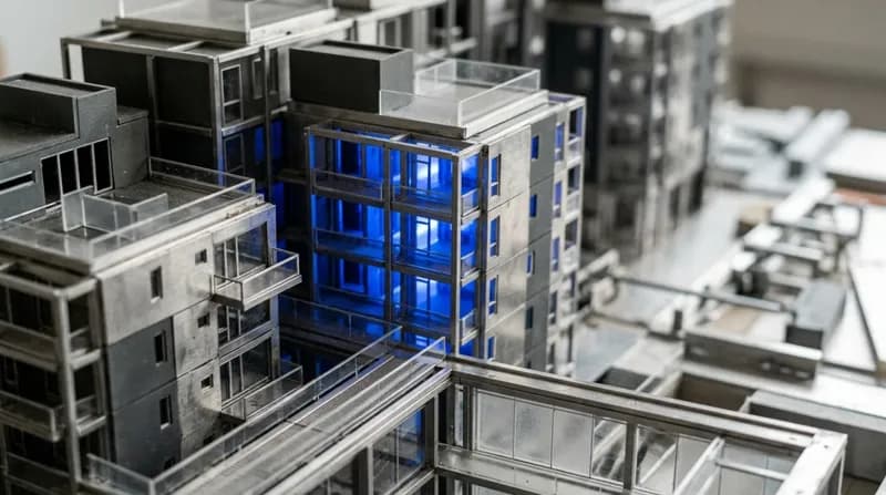 An architectural site model of housing blocks under a drafting lamp, one block lit blue from within.