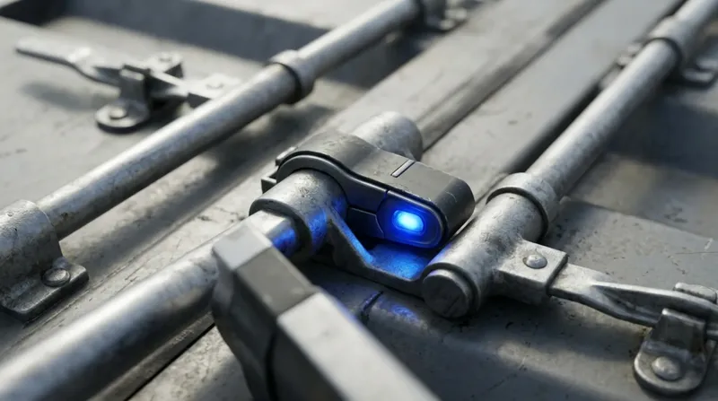 Shipping container door locking bars with a seal fitted, weathered steel, blue seal indicator.