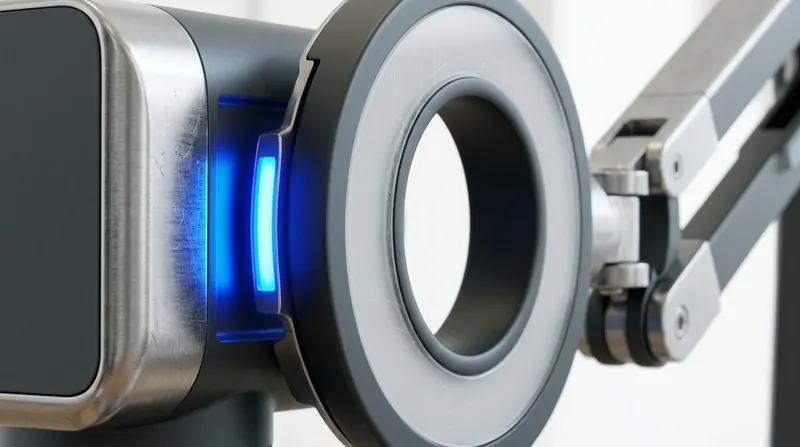 A telehealth consultation camera and ring light on an articulated arm, blue standby light.