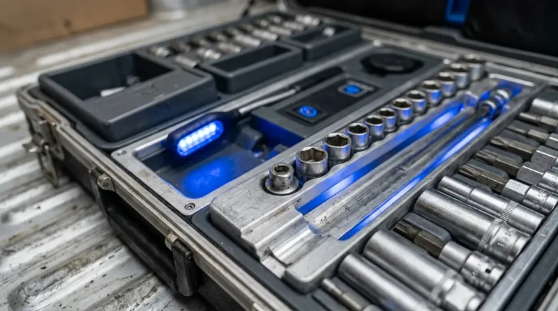 A tradesperson's tool case open on a van floor, sockets seated in machined holders, blue inspection lamp.