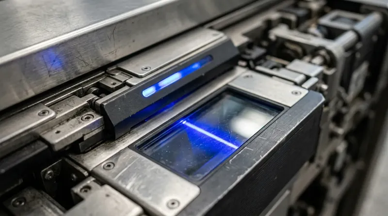 An airport gate boarding-pass scanner, blue read beam across its glass.