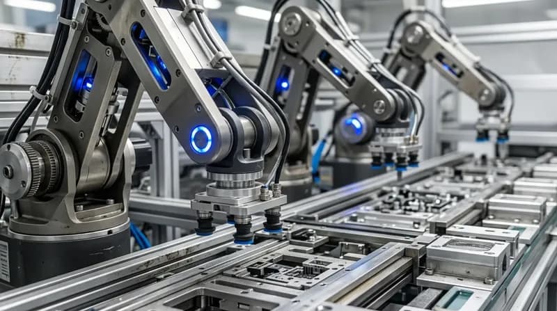 A row of small robotic pick-and-place arms over a shared work surface, each holding a part mid-motion, blue joint indicators.