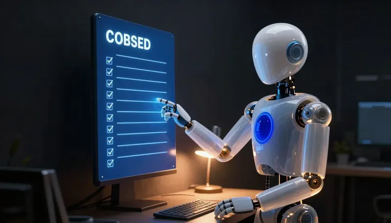 A faceless glass automaton checks off items on a glowing cobalt checklist panel in a dim amber-lit room.