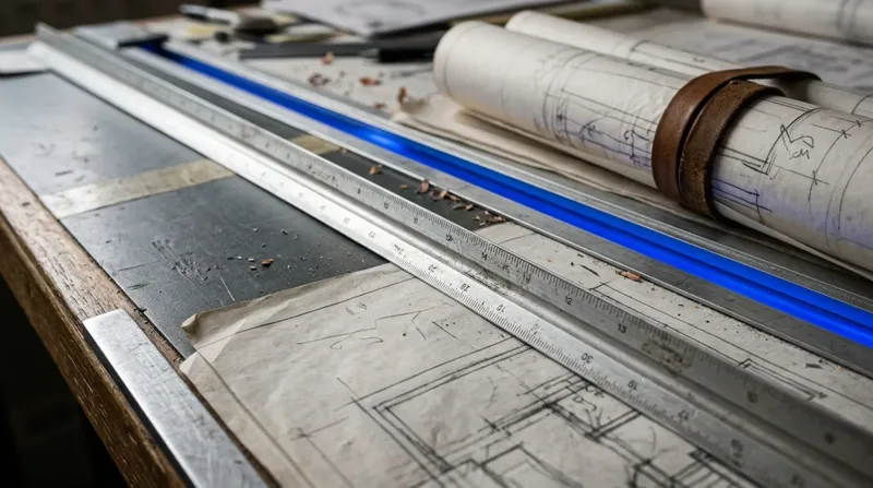An architect's drafting table with rolled plans and a scale rule, one drawing edge lit blue.