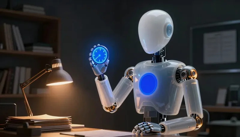 A faceless glass automaton reads a glowing cobalt readiness gauge at an amber-lit workbench.